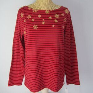 NEW Talbots Women Petite Medium PM Red Black Gold Stripe Snowflake Shirt NWT $45